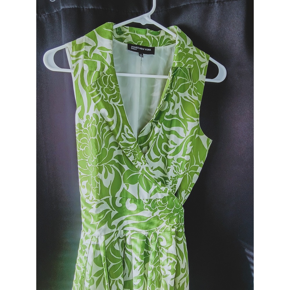 Jones New York Dress Womens 4 Green White Floral Sleeveless Wrap Midi Dress